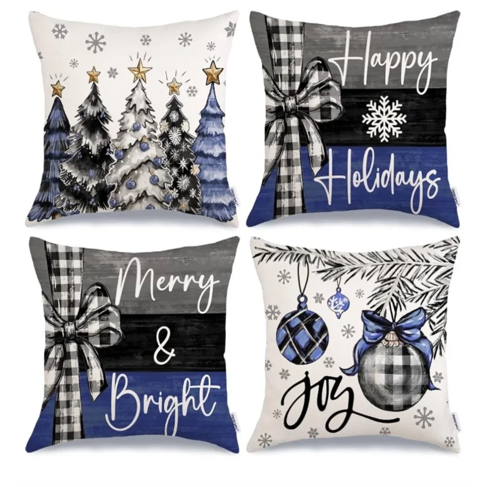 Festive Holiday Pillow Covers Set - Blue and Black